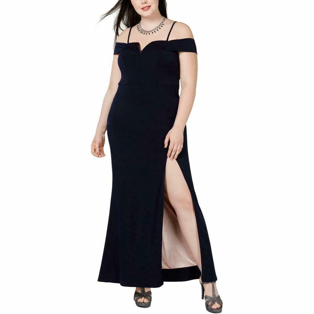 City Studio Womens Plus Off-The-Shoulder V-Neck Evening Dress Navy 18W